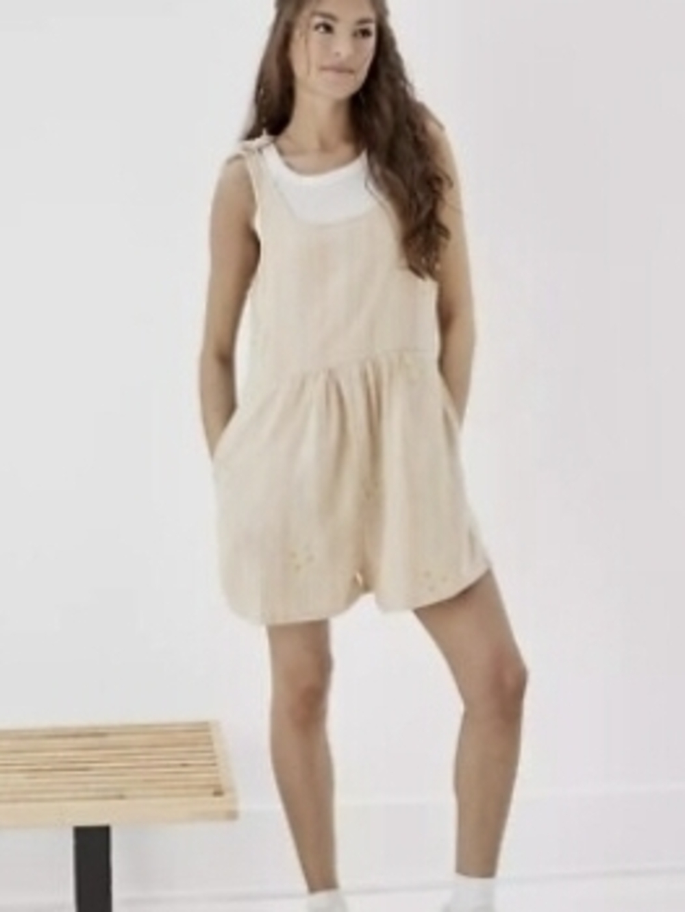 American Eagle Outfitters Cream Sleeveless Romper with Daisy Embroidery